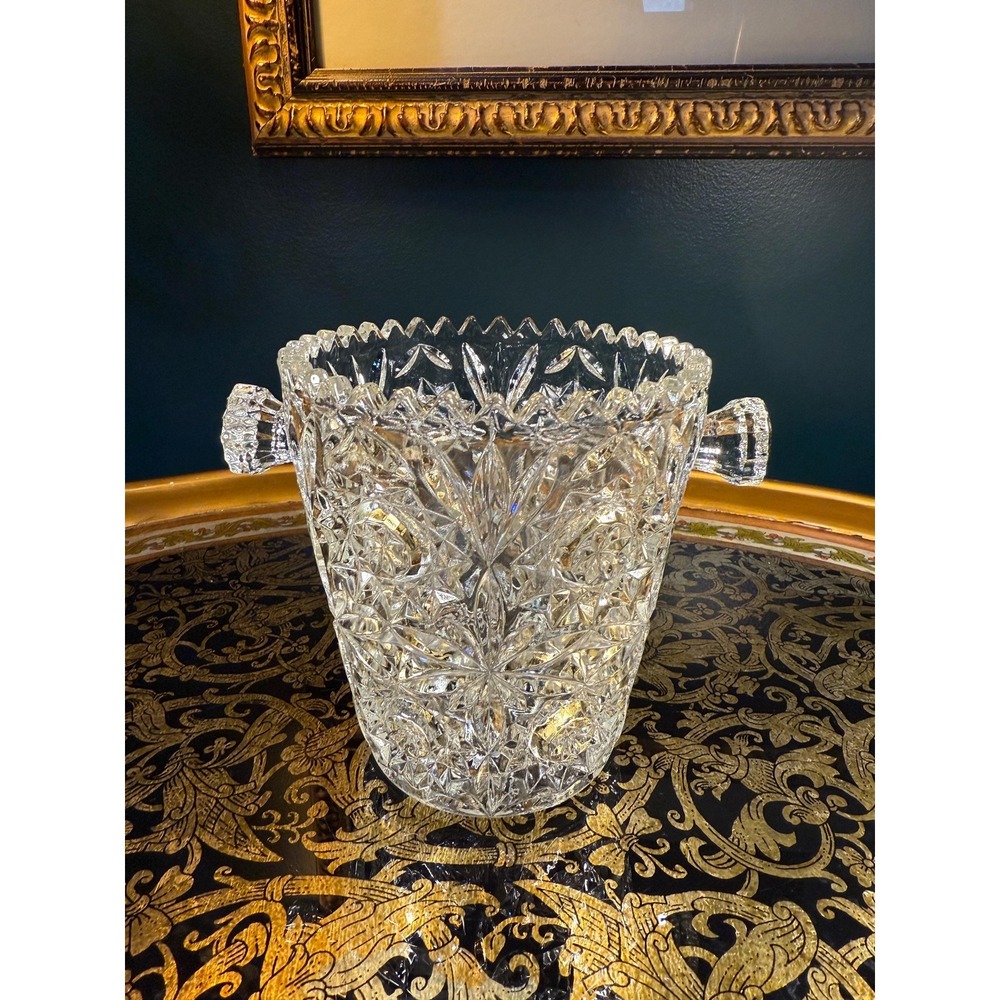 Vintage Pressed Glass "Hobstar & Fan" Ice Bucket – Mid-Century Starburst Vase